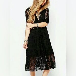 Free People Mountain Laurel Black Lace Crochet Midi Dress Size 4
